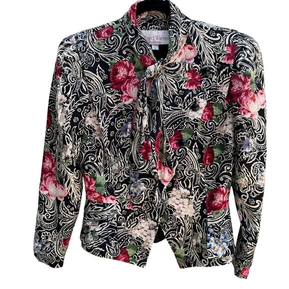 Richard Warren Petites Vintage Floral Print Long-Sleeve Tie Neck Peplum Blazer 2 - Picture 1 of 11